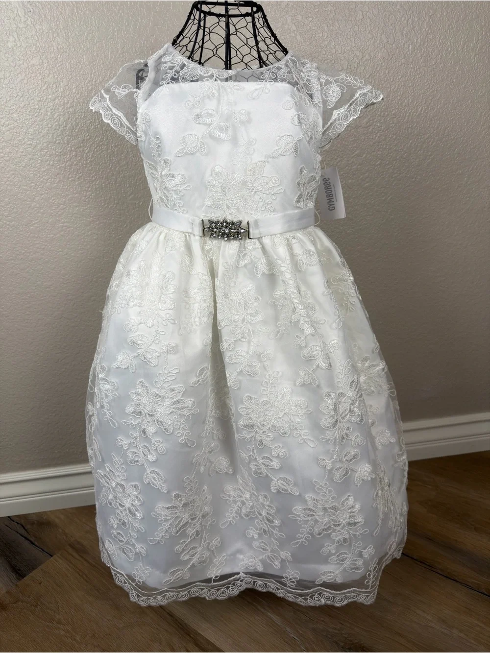 NWT Gymboree Girl White Floral Lace Formal Dress Jeweled Belt, Size 6